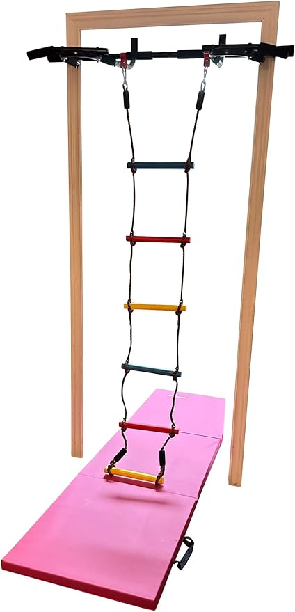 Kids Doorway Gym Swing Set + Pull Up Bar 6 in 1 Indoor Gym Playground Combo for Children, Includes Swing Seat, Climbing Cargo Net, 2X Gymnastic Trapeze Rings, Rope Ladder, Full Accessory