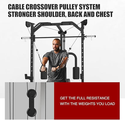FAGUS Smith Machine Home Gym Power Cage with Pulley System, Space Saving Design Squat Rack with Full Body Strength Training Attachments, PEC Station & Fixed Cable Crossover Optional