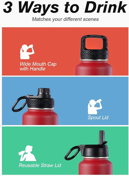 Coolflask Water Bottle 40 oz Insulated with Straw, Stainless Steel Metal 3 Lids Water Flask for Sports or Office, Keep Cold 48H Hot 24H, Red