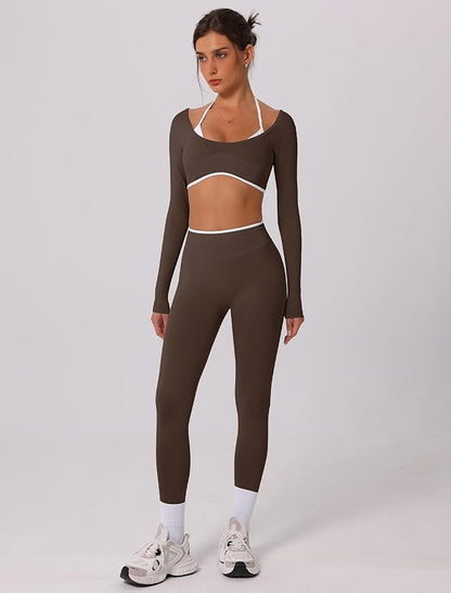 ABOCIW Workout Sets for Women Long Sleeve Crop Top Scrunch Butt Lifting High Waist Leggings 2 Piece Gym Yoga Outfits