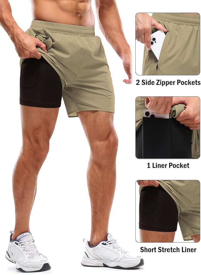 Aolesy Men's 2 in 1 Running Shorts 5" Workout Gym Athletic Shorts for Men Quick Dry Lightweight Training Shorts with Pockets