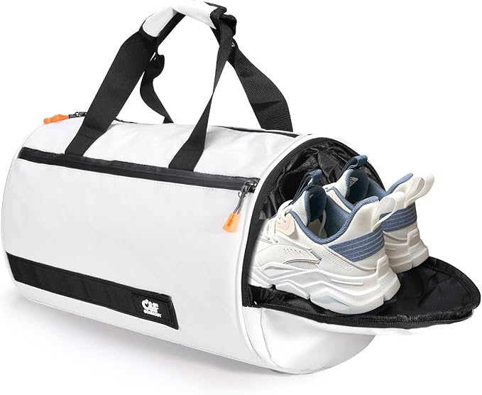 C&F BOGMOST Small Gym Bag for Women & Men,Small Lightweight Duffel Bag Carry On Bags Mini Duffel Travel Bag Waterproof Sports Bags for Workout/Sport/Travel, White,with Shoes Compartment
