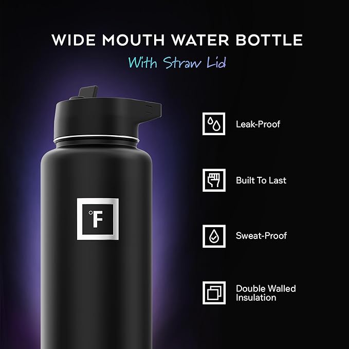 IRON °FLASK Camping & Hiking Hydration Flask with Straw, Wide Mouth Insulated Stainless Steel Sports Water Bottle - Sage 40 oz - Straw (1 Lid)