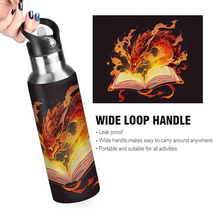 AUUXVA Fiery Dragon Vacuum Insulated Water Bottle Stainless Steel Kids Sport Jug with Straw Lid Wide Mouth Leakproof BPA Free for Bike Running Walking Outdoor 20 Oz