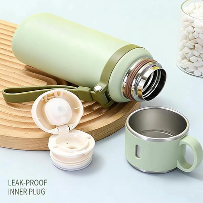 2 In 1 Stainless Steel Vacuum Insulated Bottle with Lidded Cup, Insulated Tumblers with Handles, Leakproof Large Capacity Water Bottle, Keeps Drinks Hot & Cold for Travel, Gym, School (White)
