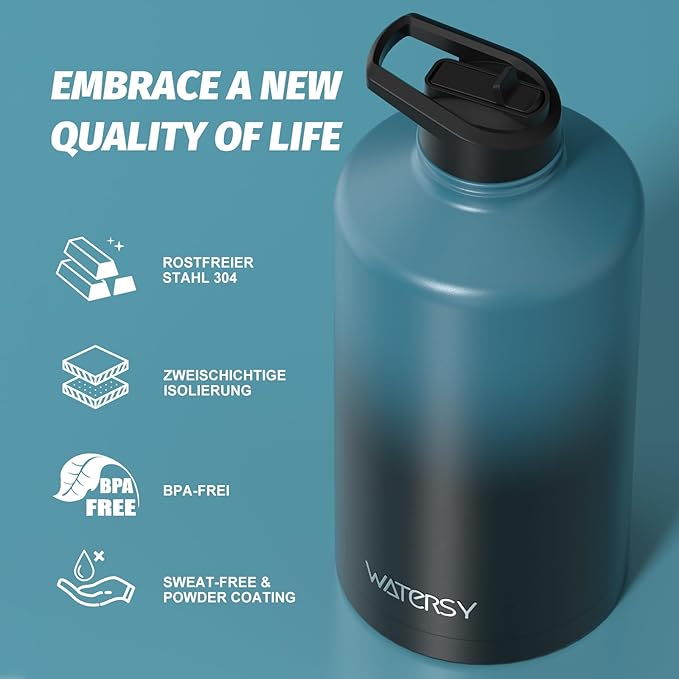1 Gallon Water Bottle Insulated(Cold for 48 Hrs),BPA Free&Leak Proof,128oz Stainless Steel Water Jug,Large Water Bottle with Straw Spout Lids for Gym,Hiking,Camping&Travel,Black Blue