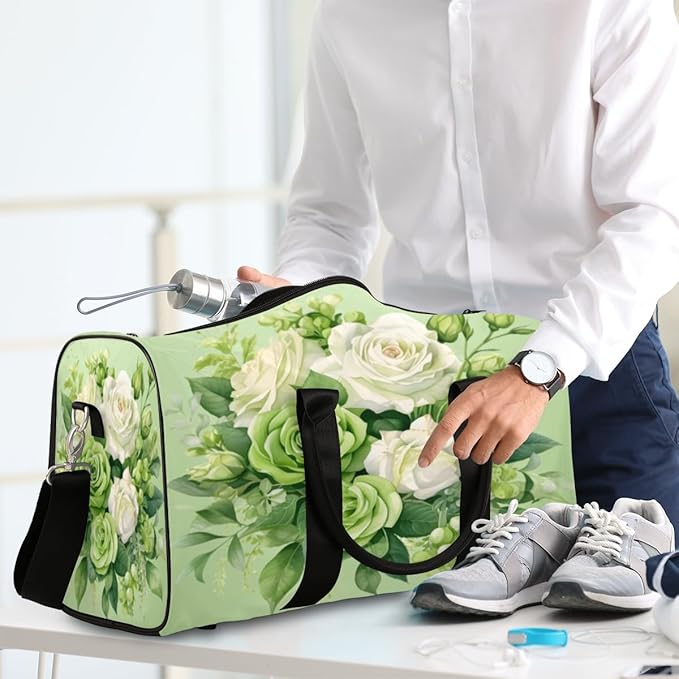 Travel Duffel Bag Flower Floral Green Sport Tote Gym Bag Waterproof Foldable Carryon Weekend Overnight Training Handbag Sports Duffle Bags for Women Men Boys Girls