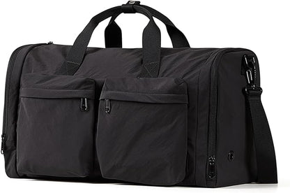 Aji Black Foldable Gym Bag for Women Men with Shoes Compartment, 3 in 1 Carry on Travel Duffel Bags with Trolley Sleeve, Lightweight & Water Resistant Gym Bag for Travel, Sports, Fitness&Workout