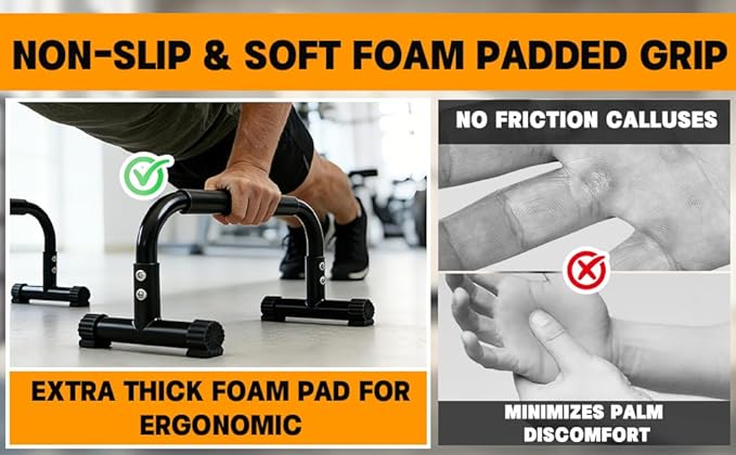 Push Up Bars Parallettes, 10” Heavy-Duty Steel Dip Bars with Non-Slip Foam Handles, Calisthenics Equipment for Handstands, L-Sit & Dips, Home Gym Workout Set with Jump Rope