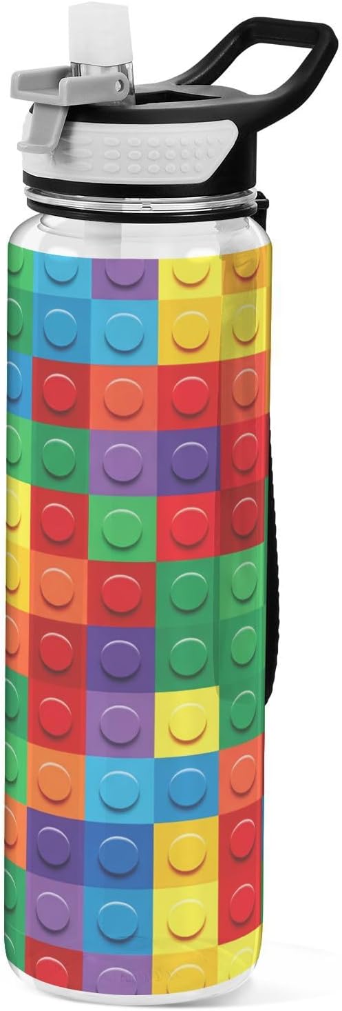 Colorful Building Blocks 32oz Sports Water Bottle with Straw – BPA Free, Leakproof, Reusable, Large Capacity Gym Bottle for Travel, Fitness, Outdoor Use