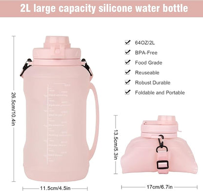 Collapsible Water Bottles, 2L/64OZ travel water bottle Bottle with Straw, Half Gallon Large Water Bottle for Travel Outdoor Sports Runing Fitness Yoga (Upgraded pink)