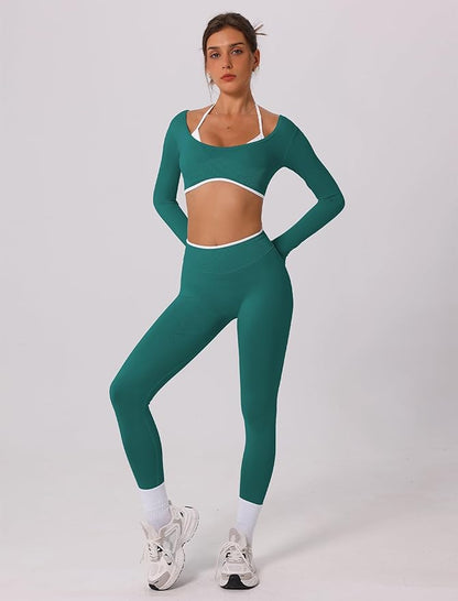 ABOCIW Workout Sets for Women Long Sleeve Crop Top Scrunch Butt Lifting High Waist Leggings 2 Piece Gym Yoga Outfits