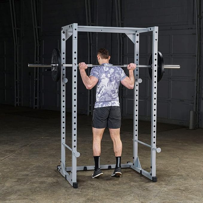 Body-Solid Powerline Adjustable Power Rack - 18-Level Strength Training Heavy-Duty Steel Frame with Safety Rods and Chin-Up Bar for Home Gym, Silver