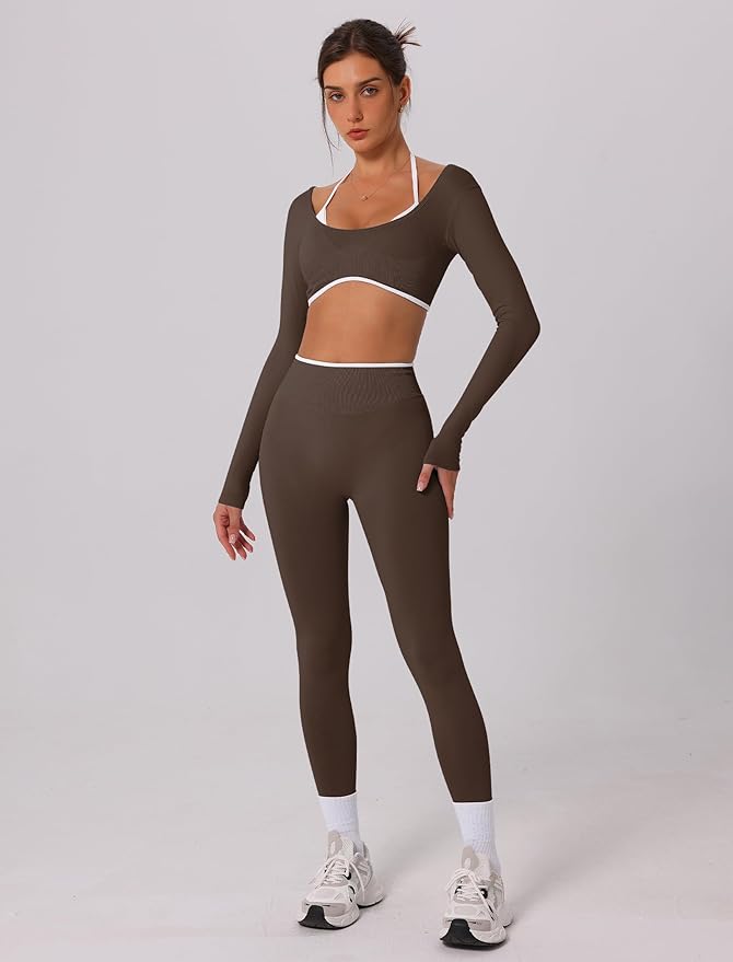 ABOCIW Workout Sets for Women Long Sleeve Crop Top Scrunch Butt Lifting High Waist Leggings 2 Piece Gym Yoga Outfits