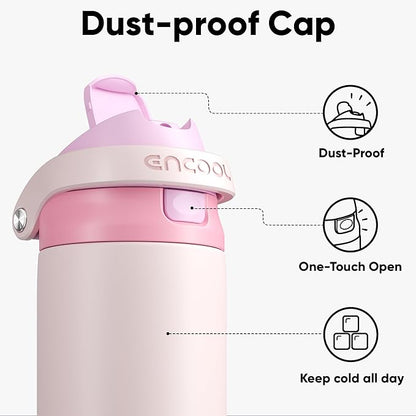 ENCOOL Leakproof Insulated Water Bottle with Straw Dual-Sip Water Bottle Bag-Safe Design for Work, Commute & Gym – Keeps Drinks Cold All Day, 32 oz, Macaron Pink