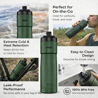 The Clean Hydration Co Insulated Bike Water Bottle 23 oz | Easy Clean Nozzle, Easy Squeeze Sports Bottle | BPA Free Cycling Bottle for Road & Mountain Biking, Gym & Travel | Matte Green
