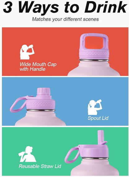 Coolflask Half Gallon Water Bottle Insulated with Straw & 3 Lids, 64 oz Water Jug Large Metal Stainless Steel Wide Mouth for Sports, Gym or Office, Non-BPA Keep Cold 48H Hot 24H, Pink