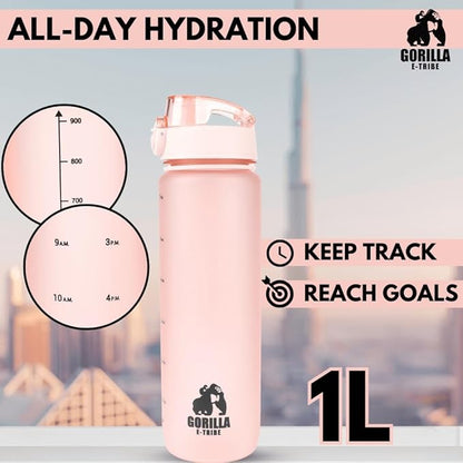 Pink Water Bottle Time Marker - Daily Intake Tracking - BPA Free & Leak Proof Protein Shake Bottle - Ideal for Gym, Office, School & Hiking - 32oz