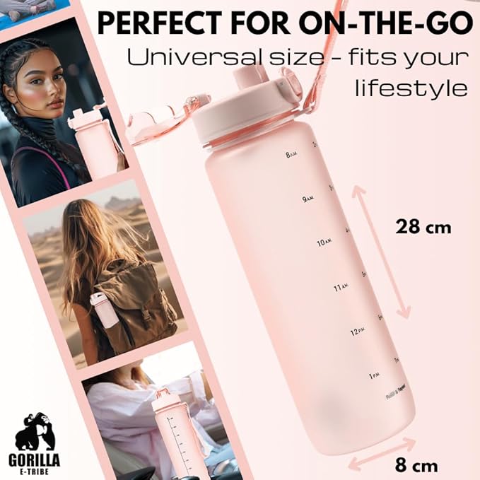 Pink Water Bottle Time Marker - Daily Intake Tracking - BPA Free & Leak Proof Protein Shake Bottle - Ideal for Gym, Office, School & Hiking - 32oz