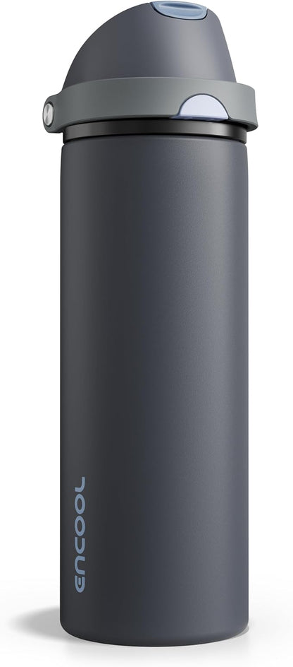 Insulated Water Bottle with Straw - Encool Stainless Steel Water Bottle with Push Button Lid, Leak-Proof & BPA-Free, Keeps Cold for 24 Hours for Sports, Travel, Gym (24 oz, Tuna Grey-Silver)