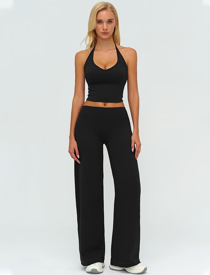 Womens Workout Sets Two Piece Spaghetti Straps Crop Top Matching Straight Leg Pants Gym Work Pilates Outfits