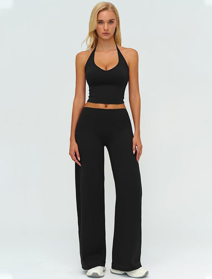 Womens Workout Sets Two Piece Spaghetti Straps Crop Top Matching Straight Leg Pants Gym Work Pilates Outfits