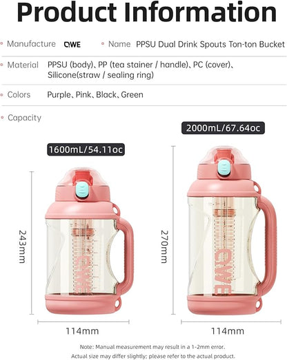 QWE Gym Large Water Bottle for women with lids and Straws&Handle,54oz,Heat-resisting,Reusable,PPSU BPA Free, Plastic Water Bottle Double drinking,leak proof, for Travel,Sport,Outdoors,camping(Pink)