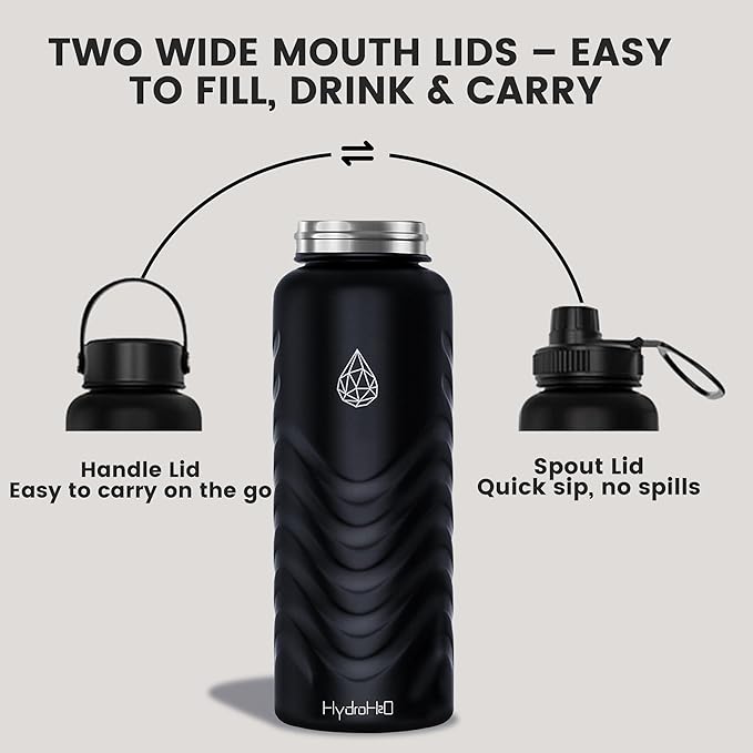 32oz Stainless Steel Insulated Water Bottle, 48H Cold & 24H Hot, Leak-Proof Wide Mouth Lids (Straw & Spout), BPA-Free Bottles, Mens Water Bottle for Gym, Hiking, Travel - Black