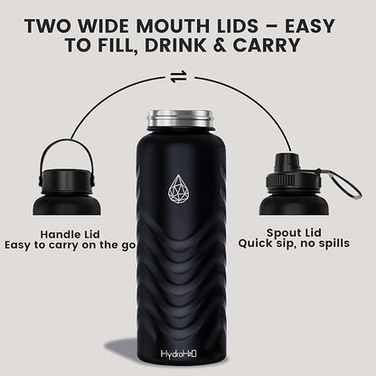 32oz Stainless Steel Insulated Water Bottle, 48H Cold & 24H Hot, Leak-Proof Wide Mouth Lids (Straw & Spout), BPA-Free Bottles, Mens Water Bottle for Gym, Hiking, Travel - Black