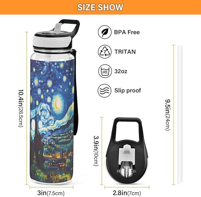 ALAZA Starry Night Mountain Art Sports Water Bottle with Straw Tritan Drink Bottle 32 oz BPA Free Reusable for Travel Outdoor Fitness