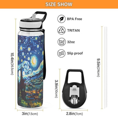 ALAZA Starry Night Mountain Art Sports Water Bottle with Straw Tritan Drink Bottle 32 oz BPA Free Reusable for Travel Outdoor Fitness