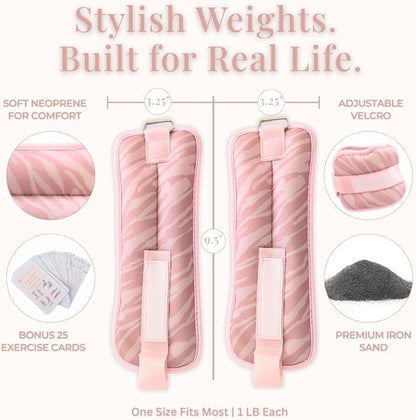 Wrist & Ankle Weights for Women, Ideal for Fitness Workout, Gym, Pilates, Dance, or Yoga, Includes Exercise Guide & Mesh Travel Bag, 1 Pair, 1 Lb Each, Pink Zebra Print