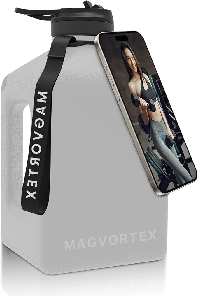 MAGVORTEX 91oz Gym Daily Water Bottle Grey – Large BPA-Free PETG Jug with Magnetic Plate Phone Mount, Leakproof Flip-Top Lid, Wide Mouth for Ice, Straw, Carry Strap, Stable Base, Time Marker