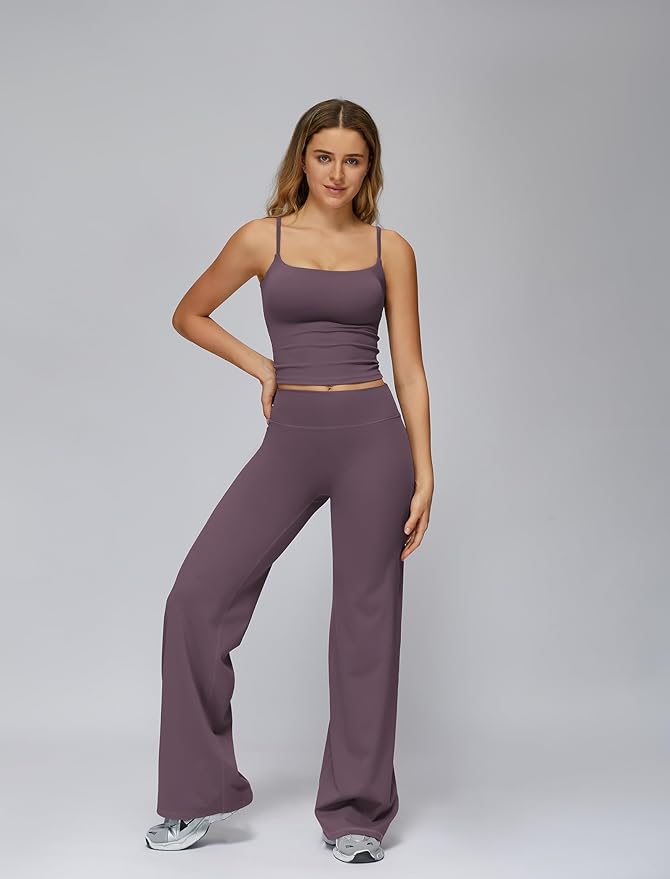 Womens Workout Sets Two Piece Spaghetti Straps Crop Top Matching Straight Leg Pants Gym Work Pilates Outfits