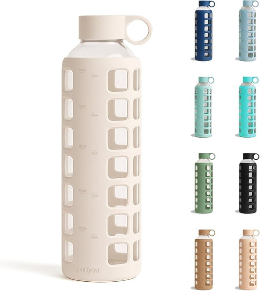 purifyou 40oz / 32oz / 22oz / 12oz Borosilicate Glass Water Bottle with Time & Volume Markers, Silicone Sleeve, Stainless Steel Lid | Reusable Glass Bottle for Water & Juice (32oz Pearled Ivory)