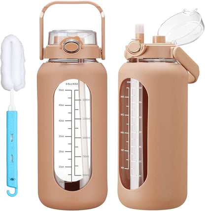 42oz/52oz/64oz Glass Water Bolttles with Straw Half Gallon Large Motivational Water Bottle with Time Marker Sports Water Bottles with Silicone Sleeve and Handle Lid Water Jug for Gym Workout