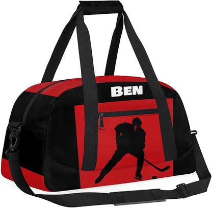 Personalized Sports Gym Bag Boys, Custom Large Sport Duffel Bag Weekender Baseball Football Basketball Bag Travel Training Bag, Ice Hockey Black Red Background