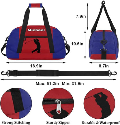 Custom Name Sports Duffel Bag Boys, Personalized Sportsman Training Bag Travel Weekender Tote Carry-On Fitness Workout Bag, Golf Silhouette