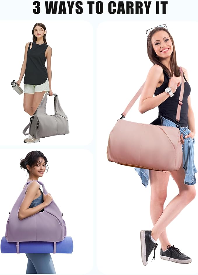 Gym Bag for Women with Shoe Compartment Yoga Mat Bag with Wet Pocket and Water Bottle Holder Weekender Bag with Strap