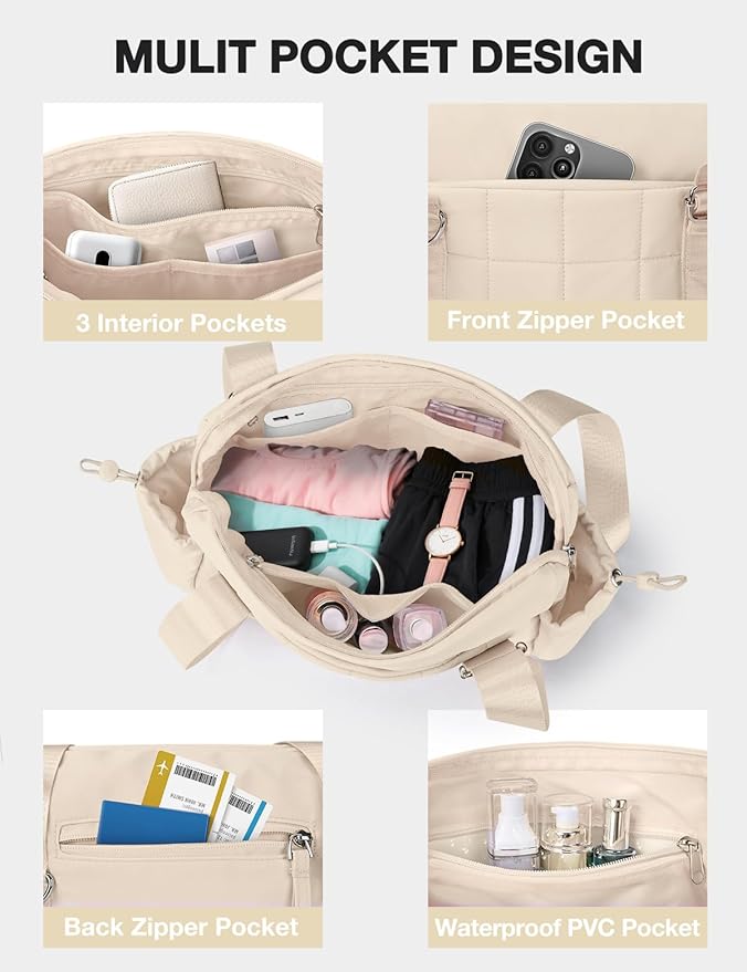 VUUDH Mini Gym Bag for Women Puffy Bag, Small Gym Bag with Coin Wallet, Lightweight Gym Tote Bag for Fitness, Work, Travel, Daily Commute,Camel