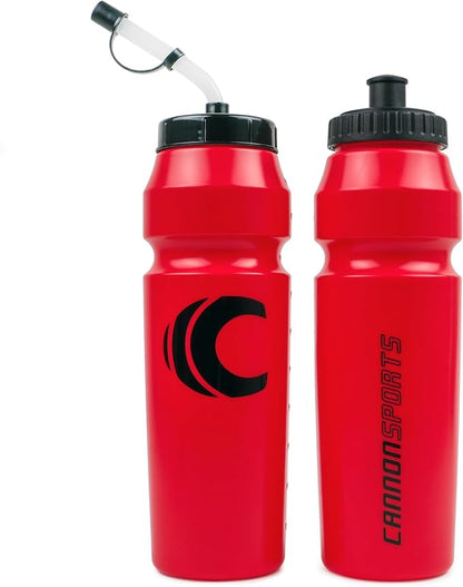 Cannon Sports 1 Liter Sports Water Bottle, BPA-Free, 34 Oz Capacity, Large Mouth, 2 lids (Straw and Squeeze), Great For Helmet Sports Such As Hockey, Lacrosse, Football, Boxing (2 Pack) (Red)
