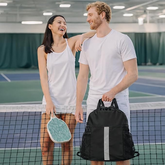 PPZ Drawstring Sports Backpack with Side Mesh Pockets, Lightweight Gym & Travel Bag with Water Bottle Holders for Fitness, Outdoor Activities and Daily Use – Black with White Stripe