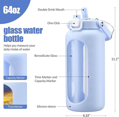 BLUEGO 64oz Glass Water Bottle with Handle and Straw, Motivational Sports Water Bottle with Time Marker and Silicone Sleeve Leakproof Drinking Bottle for Travel Gym Workout, Light Blue