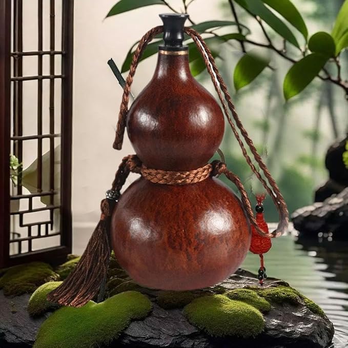 Gourd Water Bottle, Asian-Style, Brown, 300ML, Travel, Sports, School, Reusable, Round, Gourd Material, Leak-Proof, Portable, Interactive Decoration