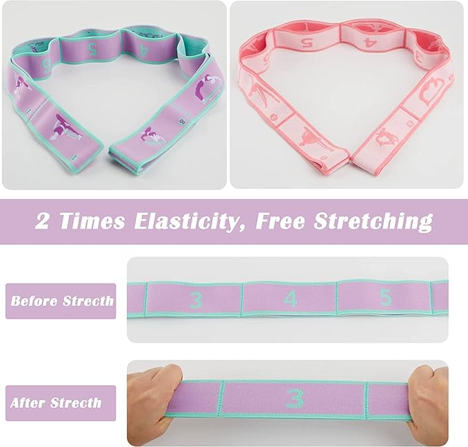 Stretch Straps with Loops for Exercise - 2 Pcs Yoga Stretching Straps for Kids, Elastic Resistance Bands 8 Loops for Dance, Gymnastics, Pilates & Flexibility Training