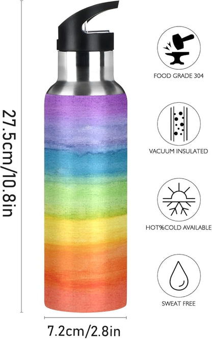 Colorful Stripe Rainbow Water Bottle Vacuum Insulated Stainless Steel Mug Kids Water Bottle with Straw and Handle Keep Hot Cold Sport Bike Fit Travel Outdoor 20 oz