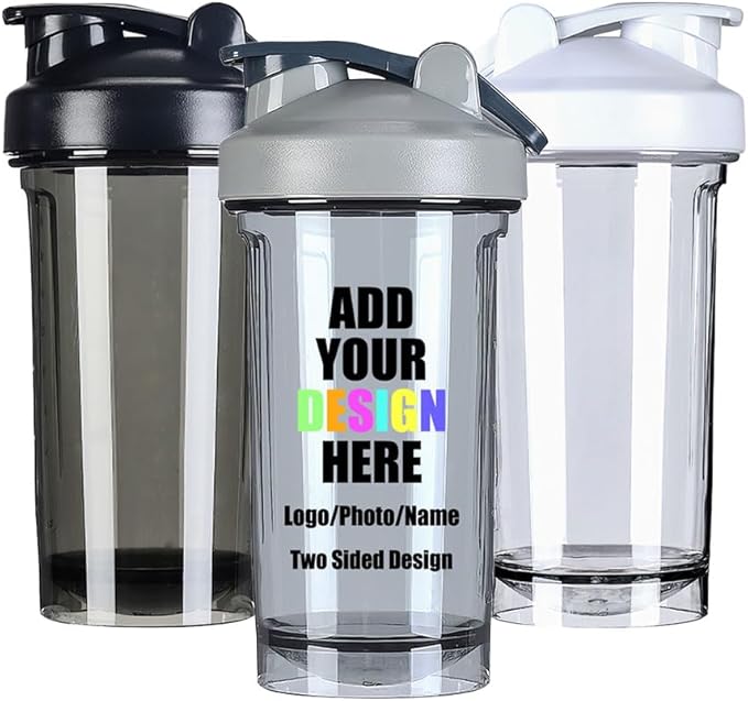 18 Oz Shaker Bottles for Gym, Custom Shaker Bottles with Your Name Photo, Customized Shaker Bottle with Logo for Indoor/Outdoor Workout, Gray