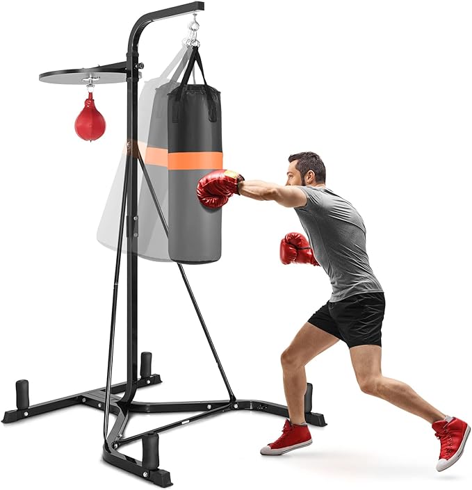 Goplus Punching Bag with Stand for Adults, Free-Standing Heavy Bag Stand with Height Adjustable Speed Bag for Boxing, Sandbag Rack Bracket Station for Home Gym Workout Fitness, Holds up to 220LBS