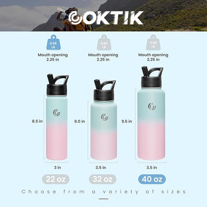 COKTIK 40oz Sports Water Bottle, Stainless Steel Water Bottle for Insulated, Reusable Travel Bottle, With Straw, With Handle Grip for Easy Carrying, Suitable for Cycling, Outdoor Vacations(Bubble Gum)
