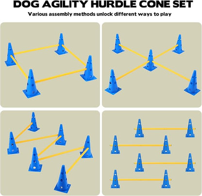 Dog Agility Hurdle Cone Set, 10er 12.5Inch Agility Cones and 5er 31.5Inch Agility Rods, Height Adjustable Crossbar for Dog Obstacle Course Rehabilitation & Beginners